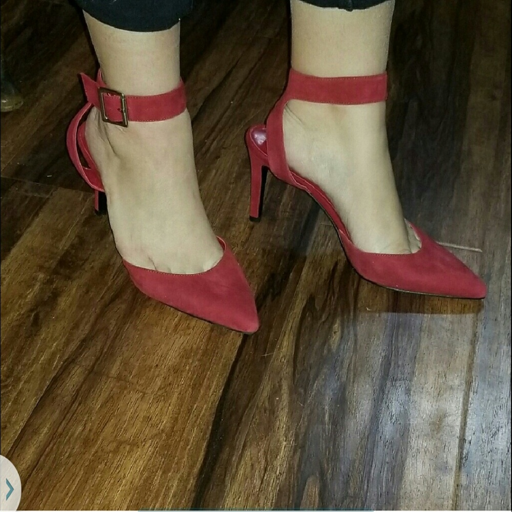 Red pointed toe ankle strap heels